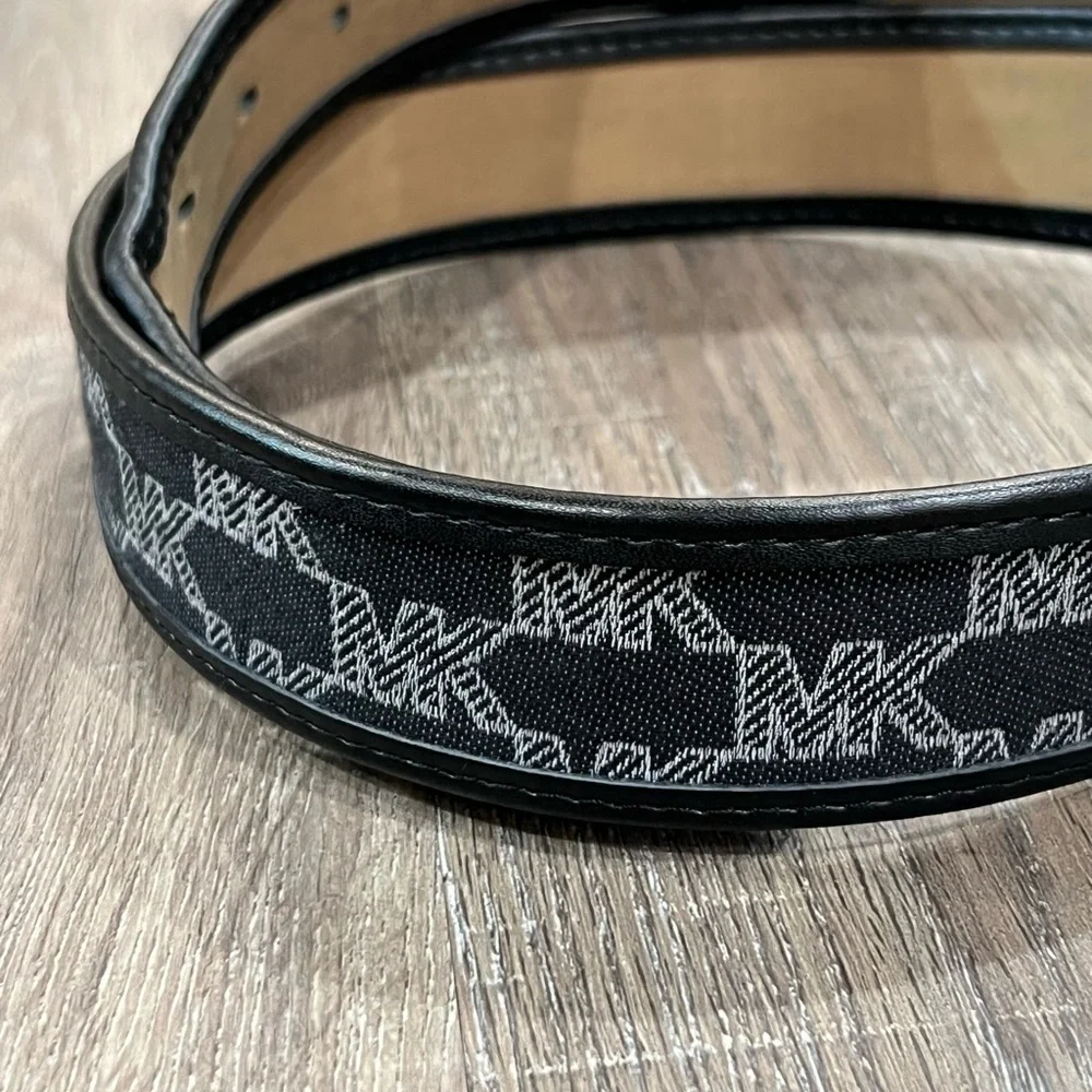 Michael Kors Large (36) Black Canvas Leather MK Brass Logo Buckle Designer Belt